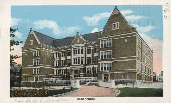 Color-tinted photograph of the High School in Poughkeepsie. Handwriting on bottom reads: 
