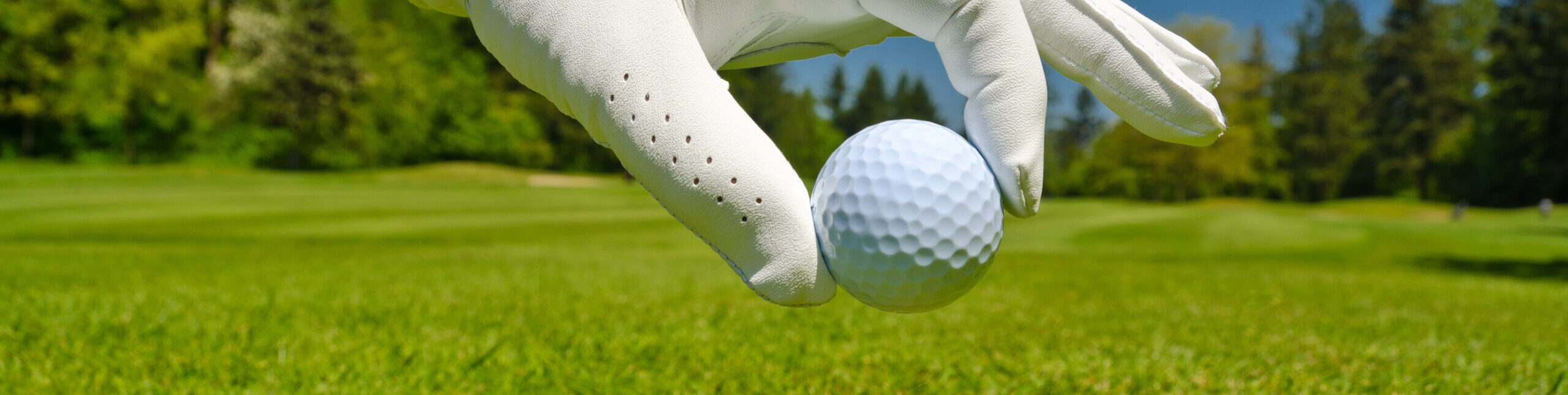 hand placing golf ball on tee over beautiful golf course with bl