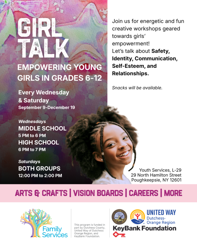 Pink and white flyer with teen girl